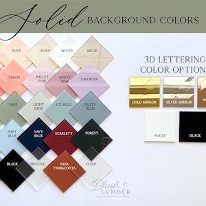 May include: A selection of color swatches for background and 3D lettering options. Background colors include vanilla, coral, and navy blue. 3D lettering options include gold mirror, silver mirror, and black. The text reads "Solid Background Colors" and "3D Lettering Color Options."