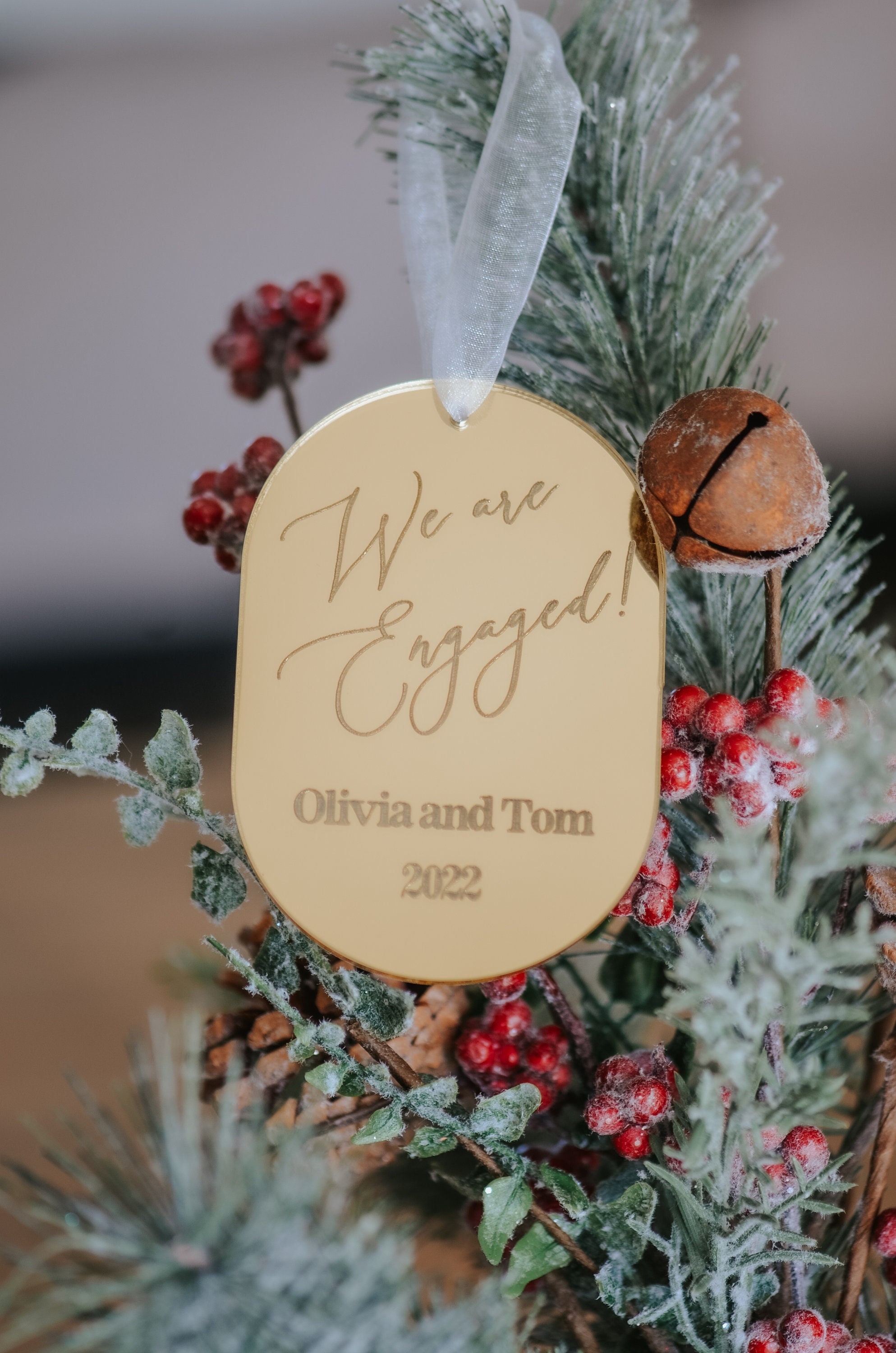 We're Engaged Gold Mirror Christmas Ornament | Personalized Engraved Christmas Ornament | Engagement Gift