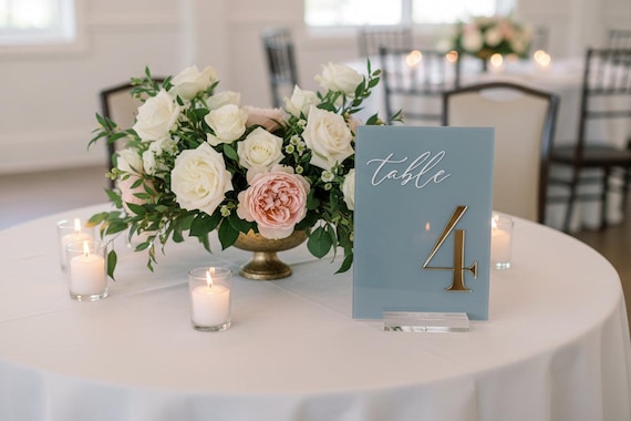 Elegant Dusty Blue Acrylic Table Number – 5x7 Wedding Sign with Gold Mirror 3D Numbers – Luxury Modern Reception Decor