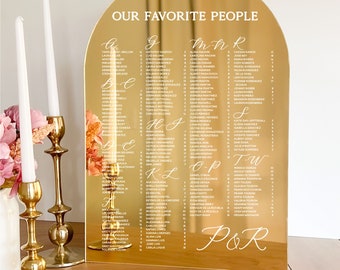 May include: A gold acrylic wedding sign with an arched top, listing names under the words "OUR FAVORITE PEOPLE." Two gold candle holders with white candles and a vase of pink flowers are in the foreground.