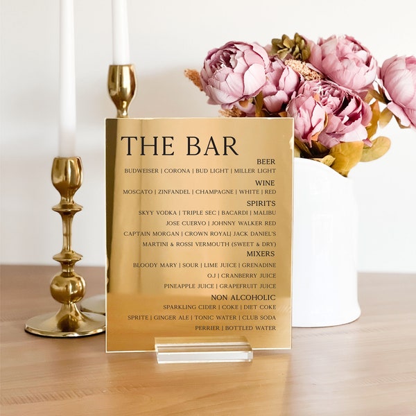 Gold Mirror Acrylic Bar Menu Sign | Drinks Menu | Acrylic Bar Sign