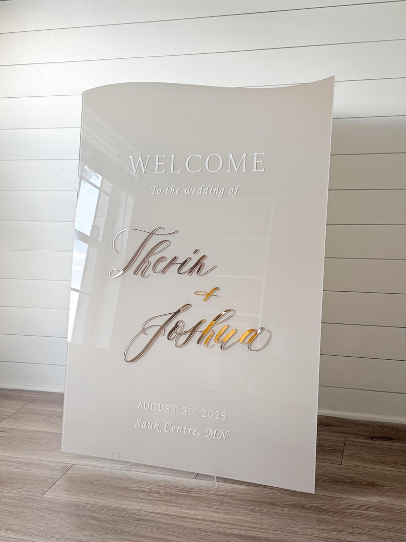 May include: A white wedding welcome sign with the words "WELCOME" and "To the wedding of" at the top. The names "Therin" and "Joshua" are in elegant script. The date "AUGUST 30, 2025" and location are at the bottom.
