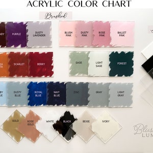 May include: Acrylic colour chart featuring a range of colours in brushed and solid finishes. The colours include burgundy, purple, dusty lavender, blush pink, dusty pink, rose pink, ballet pink, terra cotta, scarlet, berry, sage, light sage, forest, baby blue, dusty blue, royal blue, navy blue, zinc, grey, light grey, gold, rose gold, white, black, beige, and ivory.