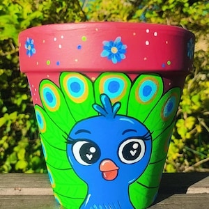 Pavo real colorido – maceta pintada a mano – macetero original – decoración colorida para plantas – idea de regalo – pieza única