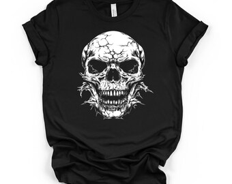 Cracked Skull Schwarz Unisex Grafik T-Shirt, Gothic Dark Art Horror Shirt