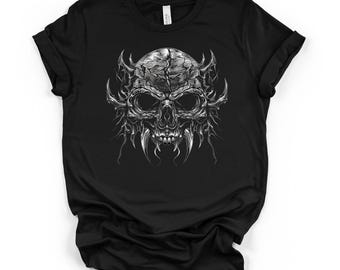 Demon Thorn Skull Graphic Tee, Schwarzes Unisex DTG T-Shirt