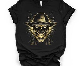 Gold Cowboy Skull Schwarz Unisex Grafik T-Shirt, Dark Western Art Shirt