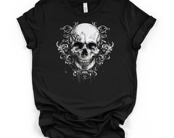 Filigraner Schädel-Schwarz-Unisex Grafik-T-Stück, gotisches viktorianisches dunkles Kunst-Shirt