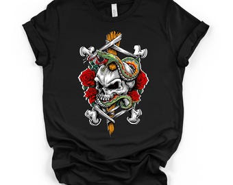 Totenkopf Schlange Rose Crossbones Graphic Tee, Schwarzes Unisex DTG T-Shirt