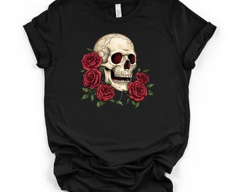 Totenkopf und Rosen Schwarz Unisex Grafik T-Shirt, Gothic Floral Dark Art Shirt