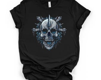 Ice Skull Sword Spike Graphic Tee, Schwarzes Unisex DTG T-Shirt