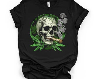 rauchender Schädel Cannabis Blatt Grafik Tee, schwarzes Unisex DTG T-Shirt