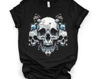 Fünf Schädel Schwarzes Unisex Grafik-T-Shirt, Gothic Dark Art Schädel-Hemd