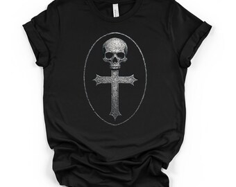 Gothic Skull Cross Graphic Tee, Schwarzes Unisex DTG T-Shirt