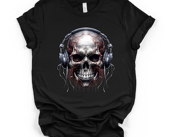 Schädel Kopfhörer Musik Grafik T-Shirt, Schwarzes Unisex DTG T-Shirt