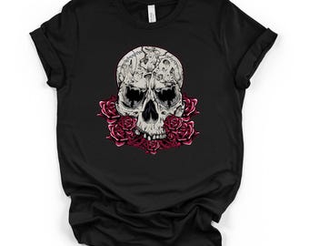 Schädel Rosenstrauß Grafik Tee, Schwarzes Unisex DTG T-Shirt