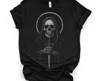 Sensenmann Halo Schädel-Grafik-T-Stück, schwarzes Unisex DTG T-Shirt