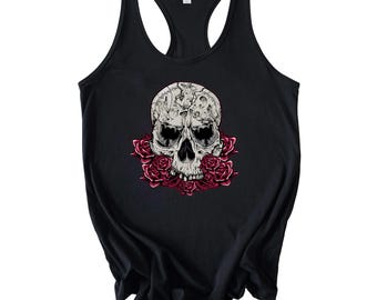 Totenkopf Rosenstrauß Racerback Tank, Damen DTG Grafik Tank Top