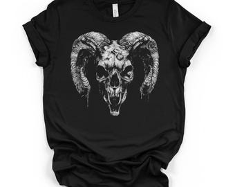 Ram Horn Demon Skull Graphic Tee, Schwarzes Unisex DTG T-Shirt