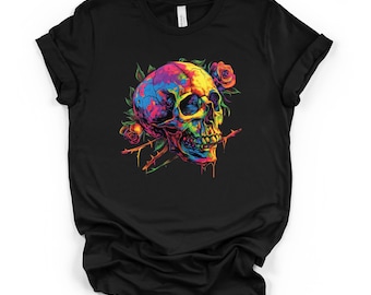 Bunte Totenkopf Rose Bella Canvas Tee | Lebendiges dunkles Kunst Shirt | Gothic Kunst Geschenk