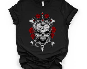 Totenkopf Dolch Rose Schwarz Unisex Grafik T-Shirt, Gothic Dark Art Shirt
