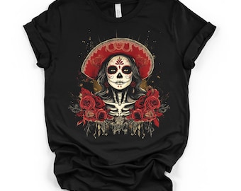 La Catrina Sugar Skull Rose Graphic Tee, Schwarzes Unisex DTG T-Shirt