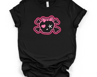 Kawaii Totenkopf Crossbones Tee | Pinkes Gothic Bella Leinenhemd
