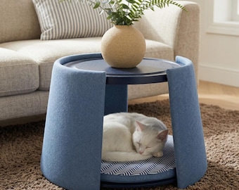 Navy oak side table, modern pet nook, hidden cat cave, accent furniture, small space solution