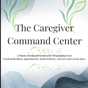 Puede incluir: Gráfico digital con el texto "The Caregiver Command Center" en negro. El diseño incluye acentos de hojas verdes y un fondo de estilo acuarela en tonos azules y grises. El texto debajo dice "A Nurse-Designed System for Organizing Care."
