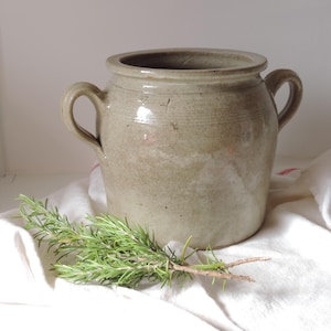 May include: A light beige ceramic crock with two side handles and a wide opening, featuring a smooth, glazed finish. A sprig of fresh green rosemary rests in front of the vessel, which is placed on a white cloth with thin red stripes.
