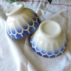 Set van 2 vintage aardewerken kommen, blauw en wit, in Digoin-stijl. Landhuisdecoratie, rustieke kommen.