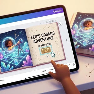 Könnte beinhalten: Digitale Illustration eines Kinderbuchdesigns mit dem Titel "Leo's Cosmic Adventure" auf einem Tablet-Bildschirm. Das Buchcover zeigt ein Kind in einer Weltraumblase mit einem Teleskop. Die Canva-App-Oberfläche ist sichtbar.