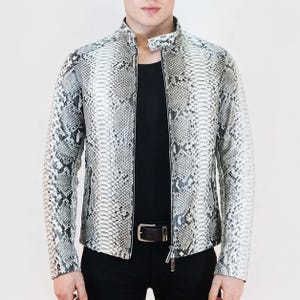 Men’s Python Print Leather Biker Jacket, Handmade Exotic Snake Look Outerwear Classic Blazer