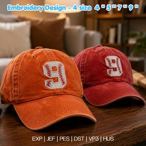 Baseball Number Embroidery Design, Vintage Sports Jersey Number Pattern, Athletic Cap Monogram Style, Game Day Stitch Art