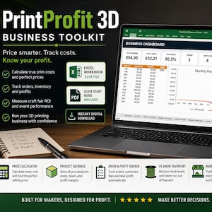 3D-Druckkostenrechner und Excel-Management-Software | Preise und Gewinne berechnen, Filamentbestand verwalten, Etsy-Bestellungen und Verkäufe abwickeln