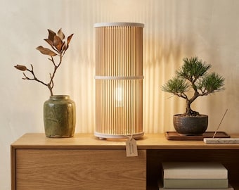 Lámpara de mesa minimalista de bambú estilo japonés | Lámpara de mesita de noche de diseño natural | Lámpara impresa en 3D hecha a mano