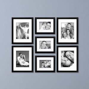 Seven Piece Black Picture Frame Set, White Display Mats (500FSET01S07Z) Gallery Wall Frame Set, Craig Frames, Matted Wall Collage Frames