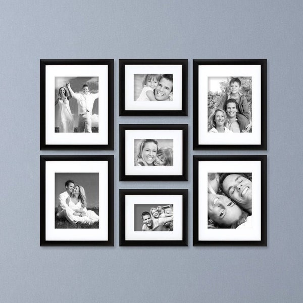 Seven Piece Black Picture Frame Set, White Display Mats (500FSET01S07Z) Gallery Wall Frame Set, Craig Frames, Matted Wall Collage Frames