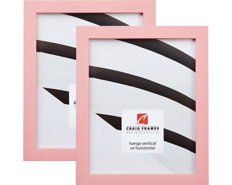 May include: Two pink picture frames with a white mat and a black and white abstract design inside. The frames are made by Craig Frames and can be hung vertically or horizontally.
