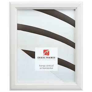 May include: White picture frame with a simple, clean design. The frame is made of wood and has a white finish. It hangs vertically or horizontally. Craig Frames www.craigframes.com