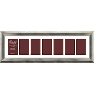 May include: A silver picture frame with a white mat and six openings for photos. The frame is made by Craig Frames and is labeled "8x10 Collage Frame".