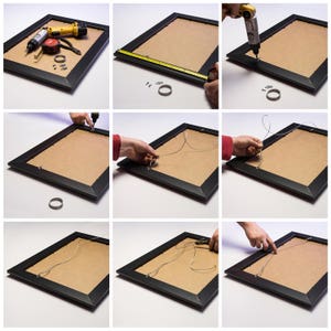 May include: A step-by-step guide on how to install picture hanging hardware on a black picture frame. The steps include measuring, drilling, and attaching a wire to the frame.