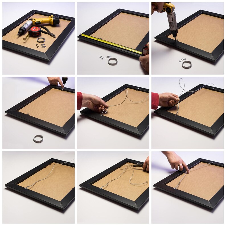 May include: A step-by-step guide on how to install picture hanging hardware on a black picture frame. The steps include measuring, drilling, and attaching a wire to the frame.