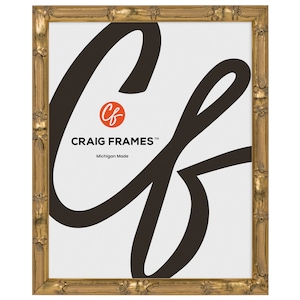 May include: Gold picture frame with an ornate design. The frame is made in Michigan and features the Craig Frames logo.