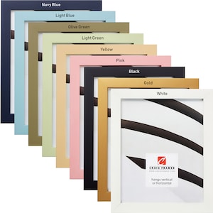 May include: A set of 10 picture frames in various colors, including navy blue, light blue, olive green, light green, yellow, pink, black, gold, and white. The frames are all the same size and have a simple, modern design. The text "CRAIG FRAMES" and "hangs vertical or horizontal" is printed on the white frame.