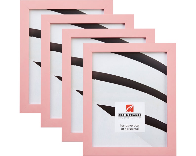 May include: Set of four pink picture frames, each with a white mat and a black and white abstract design. The frames are made of wood and have a simple, modern design. The frames can be hung vertically or horizontally. The text on the bottom of the frame reads "Craig Frames www.craigframes.com hangs vertical or horizontal".