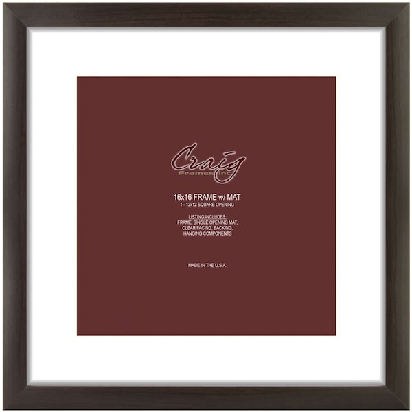 Contemporary, Brazilian Walnut Picture Frame 16x16 Inch, Single White Mat with 1 - 12 by 12-Inch Square Opening (621161601B14A) Craig Frames