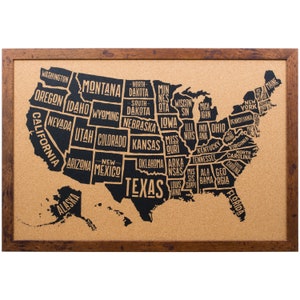 Wayfarer Cork Board 16x20 Inch Typographic United States Push Pin Travel Map, Rustic Dark Walnut Frame and Pins (5631620MAP01F) Craig Frames