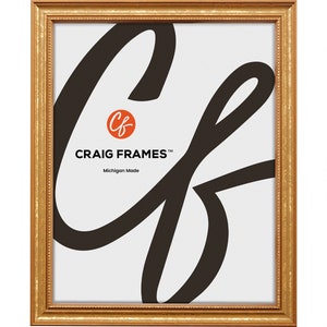 May include: A gold picture frame with a simple, ornate design. The frame is made in Michigan by Craig Frames.