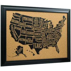 Wayfarer Cork Board, 20x30 Inch, Typographic United States Push Pin Travel Map, Satin Black Frame and Pins, (5812030MAP01F), Craig Frames